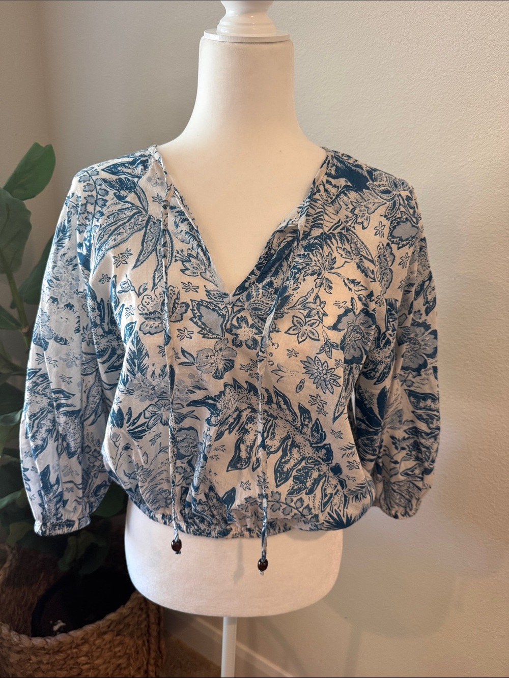 Blue Floral Drawstring Women's Top
